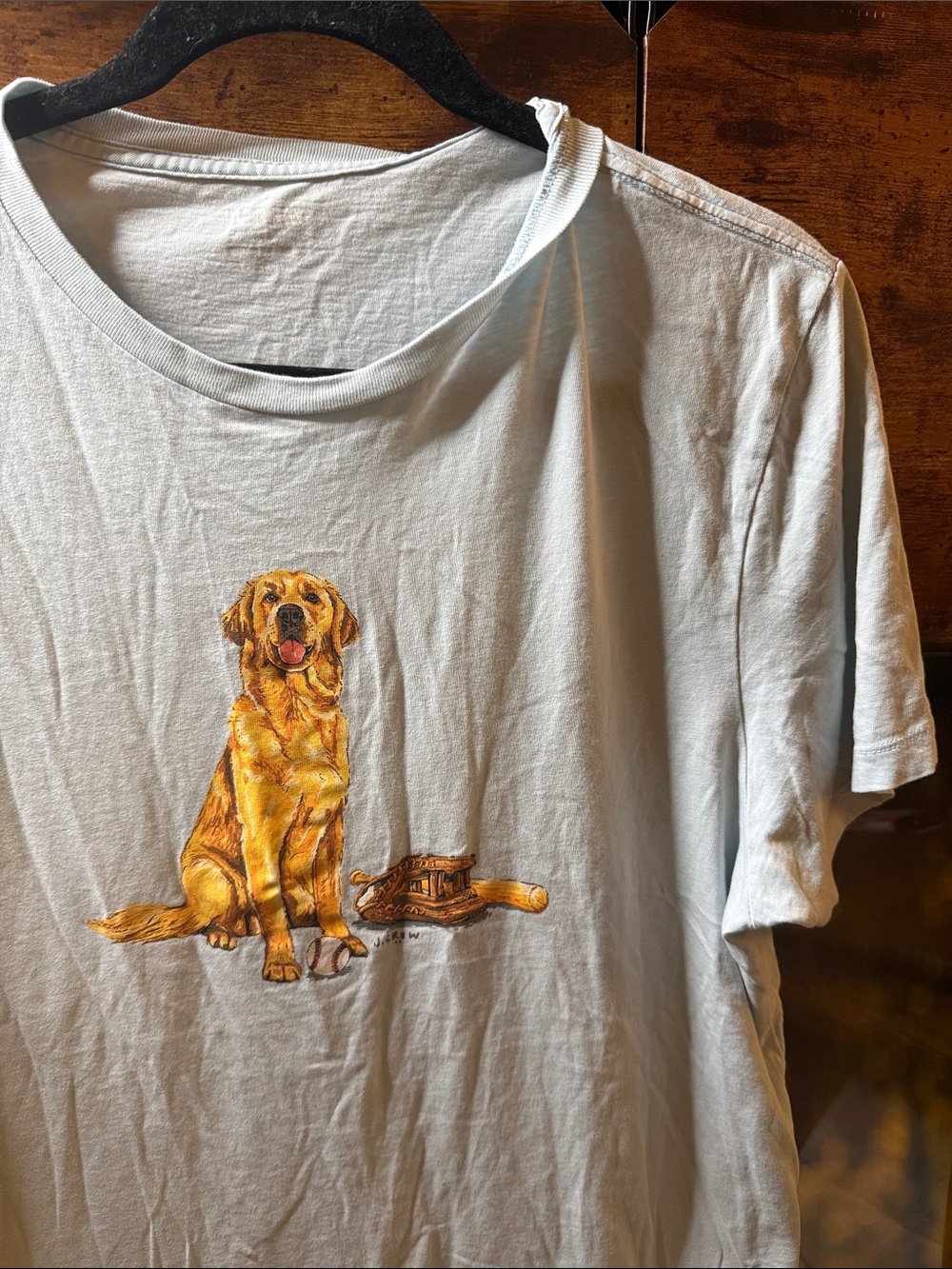 J. Crew soft Light Blue Tee with Golden Retriever baseball Graphic